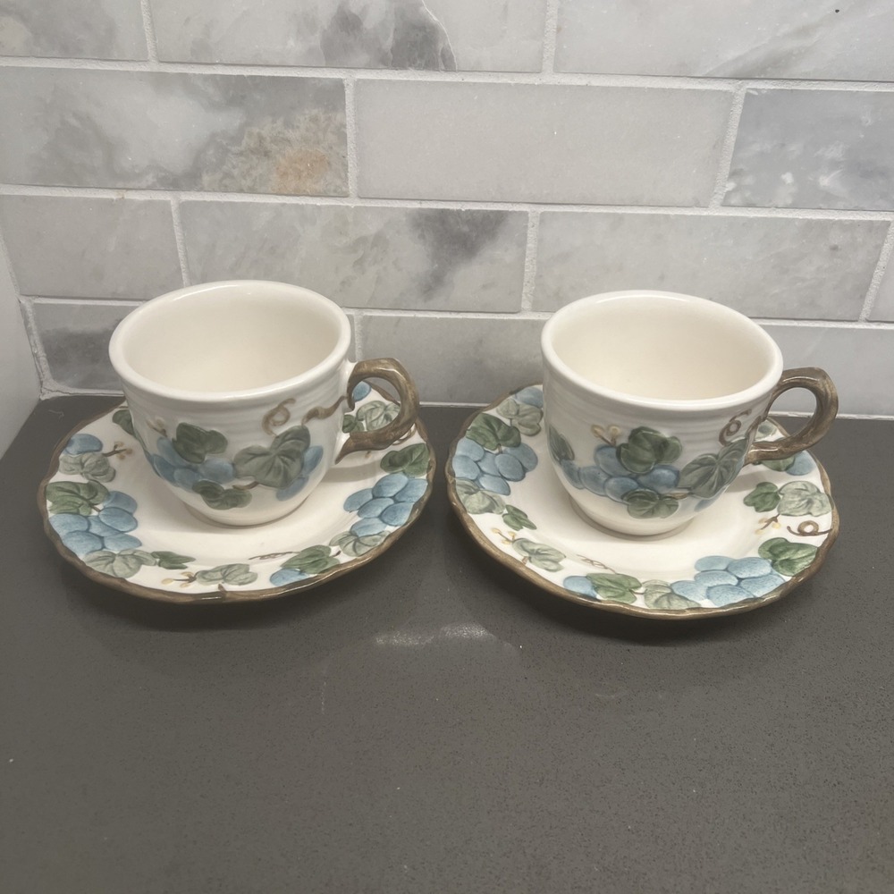 2 Sets Of Cup & Saucers Metlox Poppytail Blue Grapes Vintage 3" with 6" Saucers